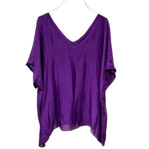 Sofia Made in Italy Purple Silk V-Neck Handkerchief Hem Oversized Blouse Top